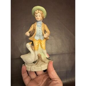 Vintage Porcelain Figurine Boy Feeding Duck with basket Collectible Hand Painted